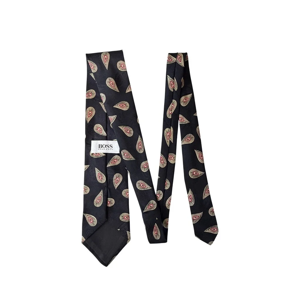 Hugo Boss VTG Mens Silk Tie Black Paisley Geometric Made in Italy Classic